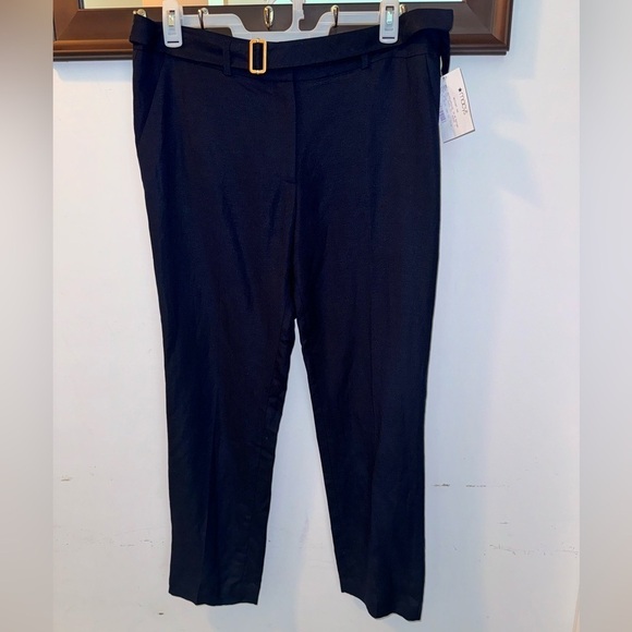 NWT Calvin Klein Womens Dress Pants linen blend Navy Belted Size 12 - Picture 1 of 6